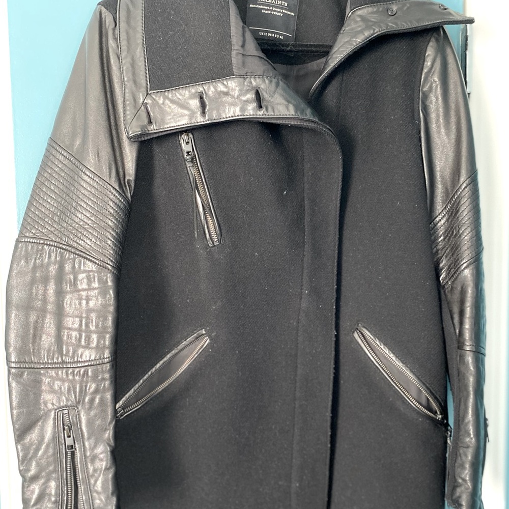 All Saints wool coat with leather trim